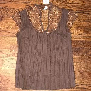 👚Brown & Gold Linen & Lace Top
